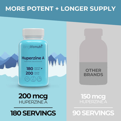 LongLifeNutri Huperzine A 200 mcg - Huperzia serrata Leaf Extract, 180 Vegetarian Capsules, Natural Nootropic for Concentration, Memory, and Clarity