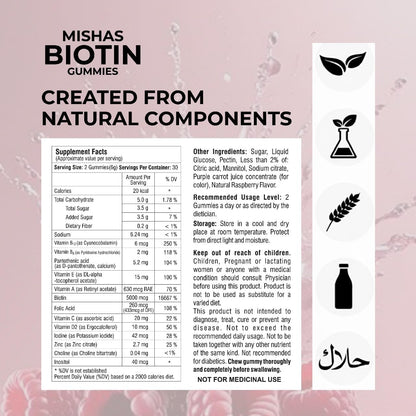 Mishas Nutraceuticals Hair Skin & Nails Gummies - Vegan Biotin Supplement for Healthy Hair, Skin & Nails - 60 Count