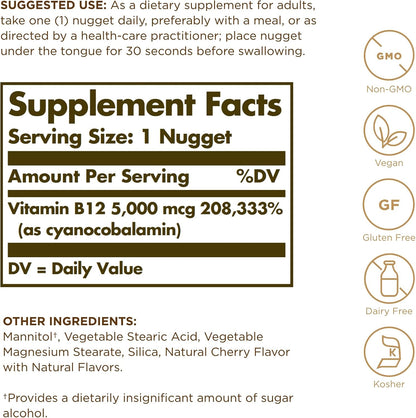 Solgar Vitamin B12 5000 mcg Sublingual Nuggets - 30 Servings