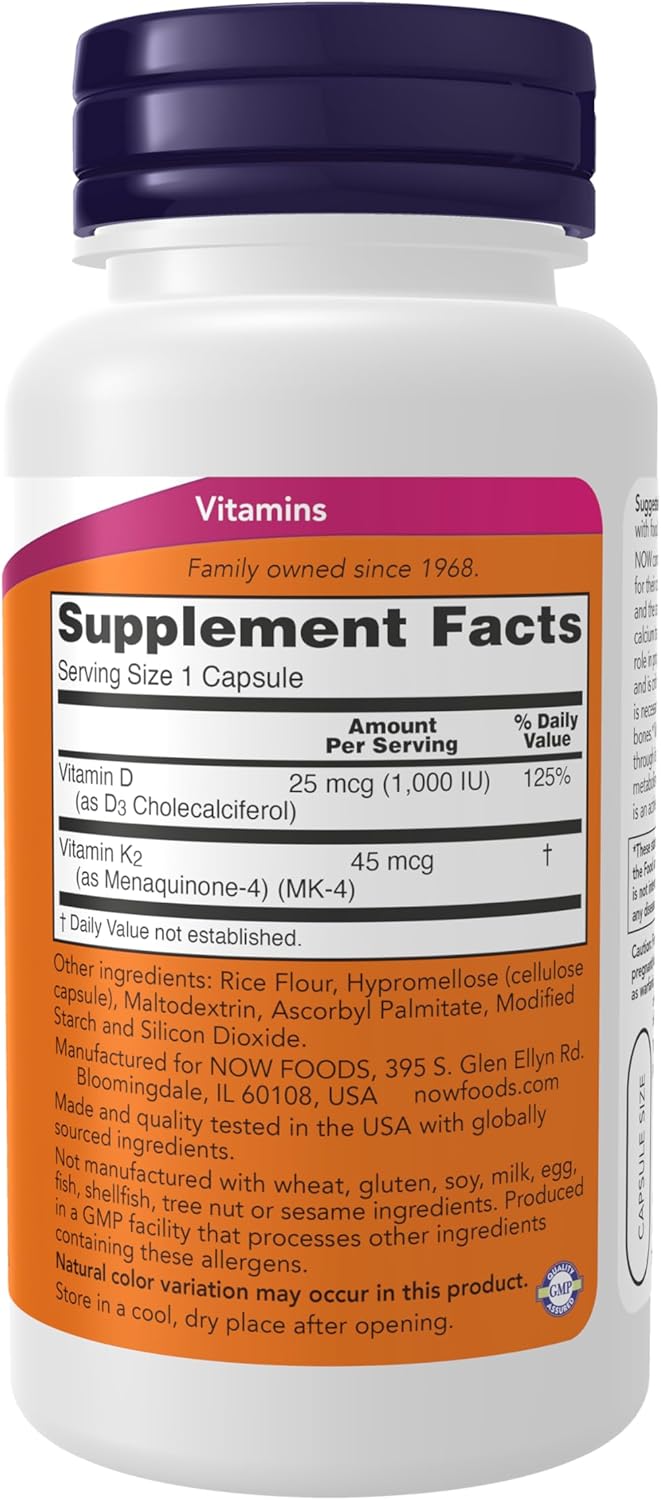 NOW Supplements, Vitamin D3 and K2, 1,000 IU/45 mcg, Cardiovascular Support*, Supports Bone Health*, 120 Vegetarian Capsules - görsel 2