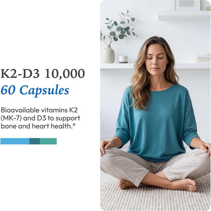 XYMOGEN K2-D3 10000 - Vitamin D3 K2 Food Supplement for Immune, Bone & Circulatory Health* - Non-GM, Gluten-Free, Vegetarian - 60 Capsules