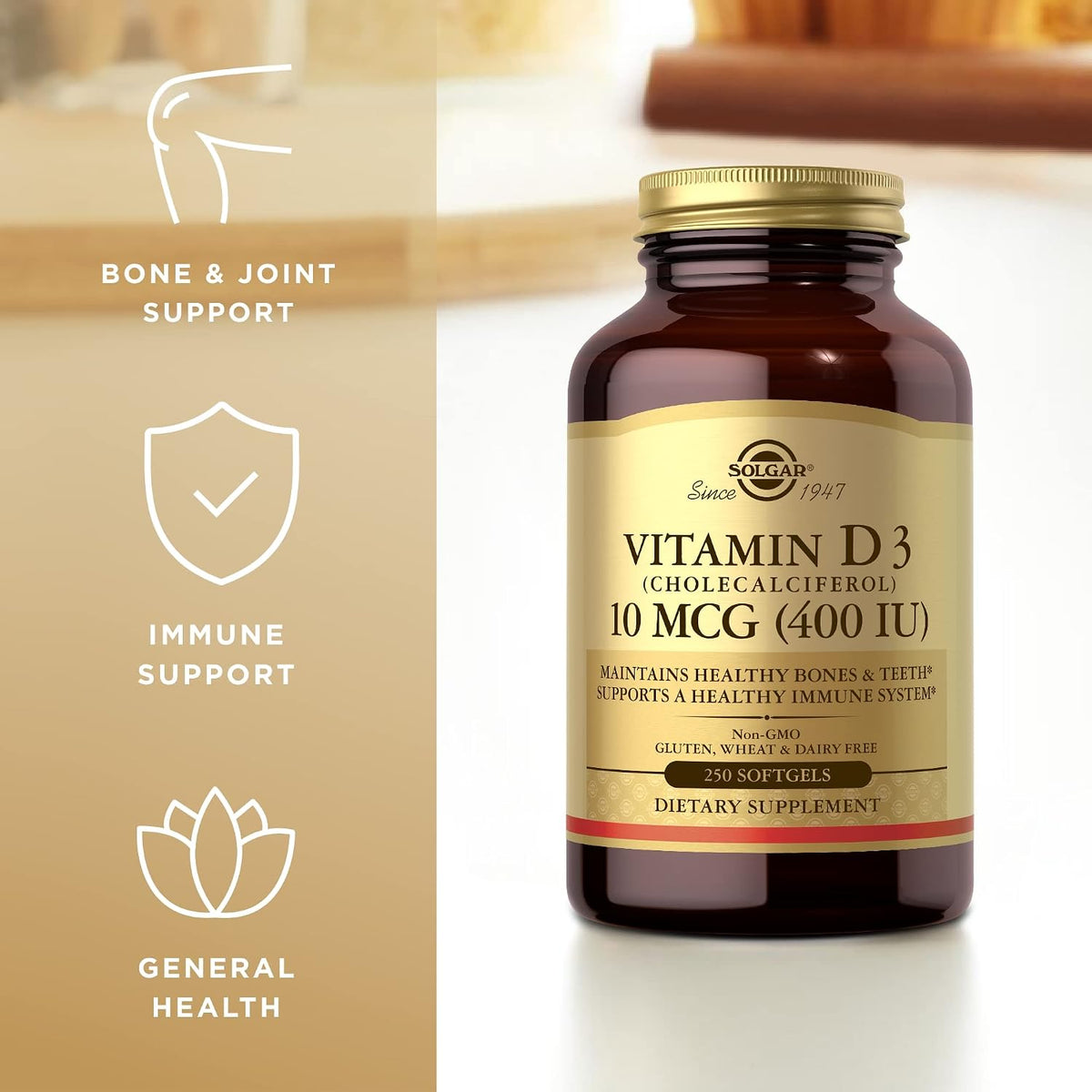Solgar Vitamin D3 (Cholecalciferol) 10 mcg (400 IU) Softgels, 250 Softgels - görsel 4