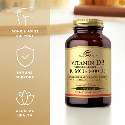 Solgar Vitamin D3 (Cholecalciferol) 10 mcg (400 IU) Softgels, 250 Softgels