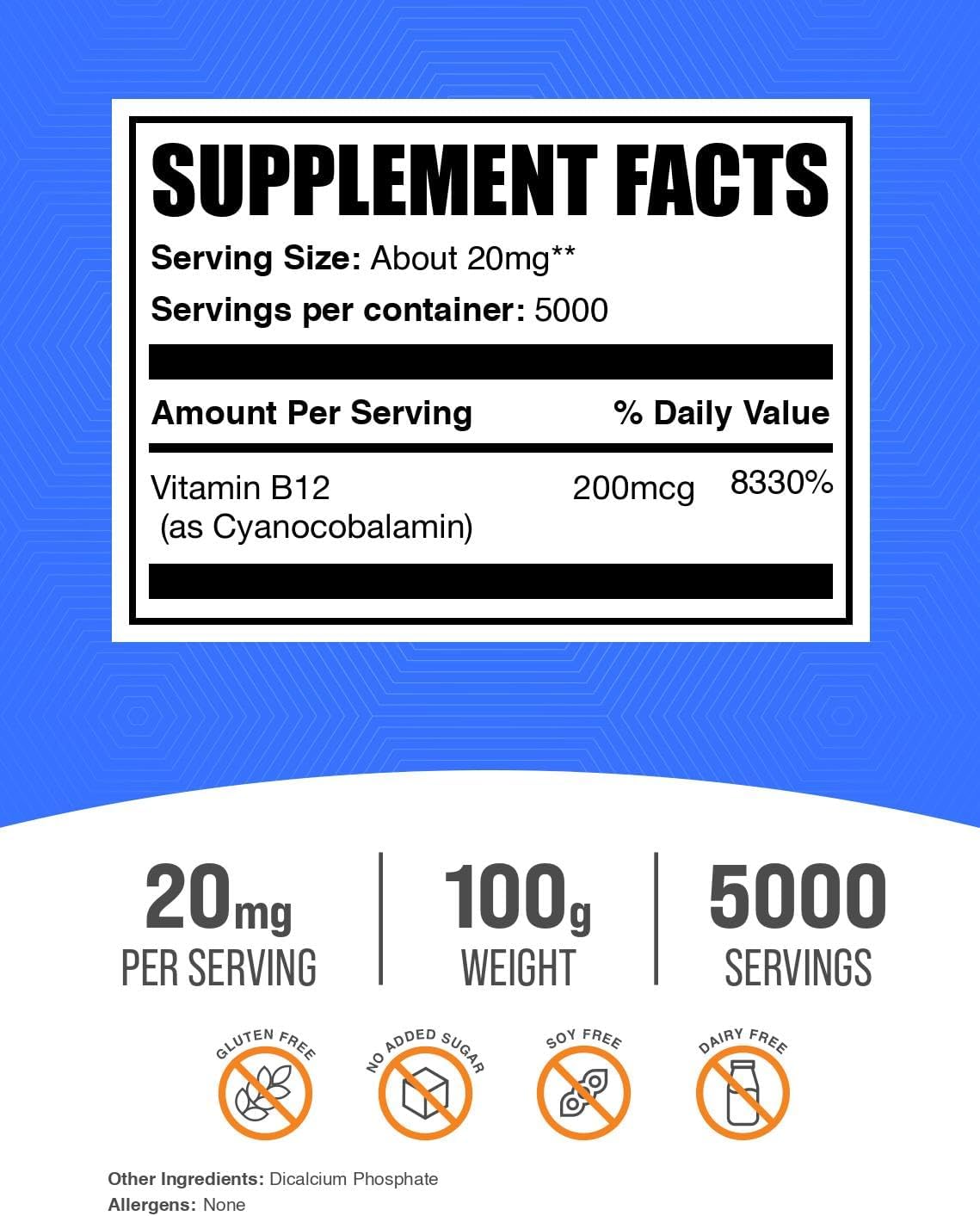 BulkSupplements.com Vitamin B12 Powder – Cyanocobalamin, 20mg per Serving, 100g (3.5 oz) - görsel 2