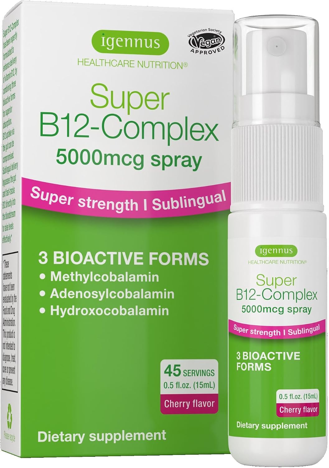 Igennus Triple Vitamin B12 Complex 5000mcg, Liquid Sublingual Spray, 45 Servings, Natural Cherry Flavour, Vegan - görsel 1