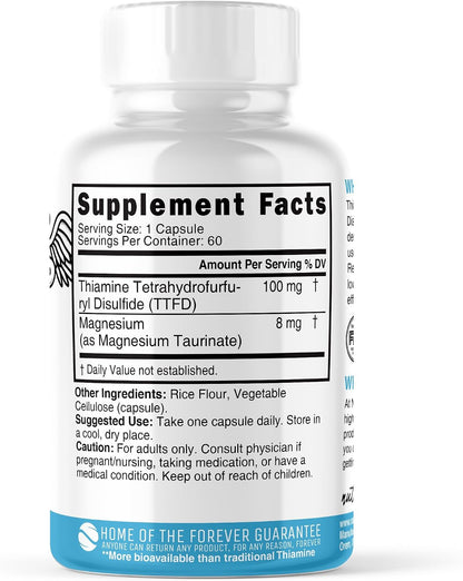 Nature's Fusions TTFD Thiamine B1 Supplement - 100mg with Magnesium, 60 Capsules