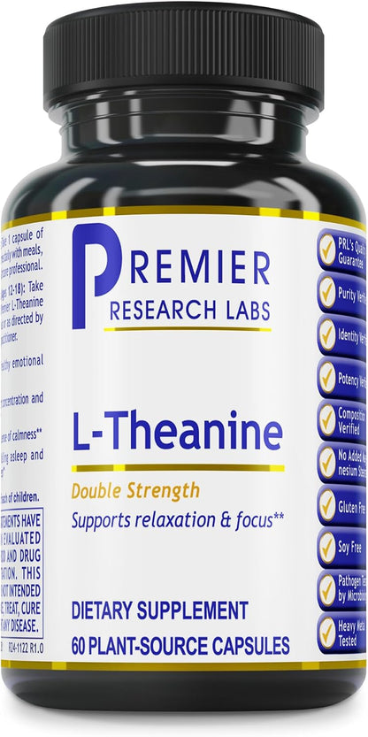 Premier Research Labs L-Theanine Double Strength - Pure L Theanine Supplement 200mg, Focus and Energy Support for Men and Women, Amino Acid for Relaxation, Support for Adults and Kids - 60 Vegan Capsules