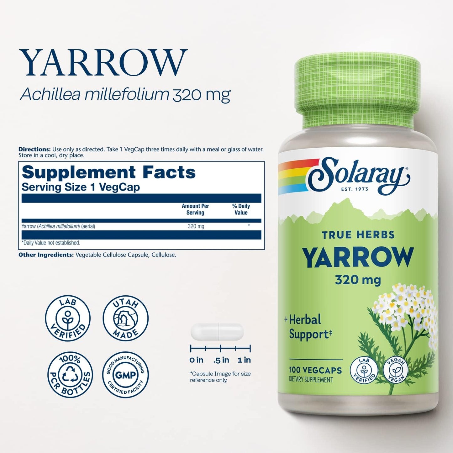 SOLARAY True Herbs Yarrow 320mg, Whole Aerial - Herbal Food Supplement for Wellbeing Support - görsel 2