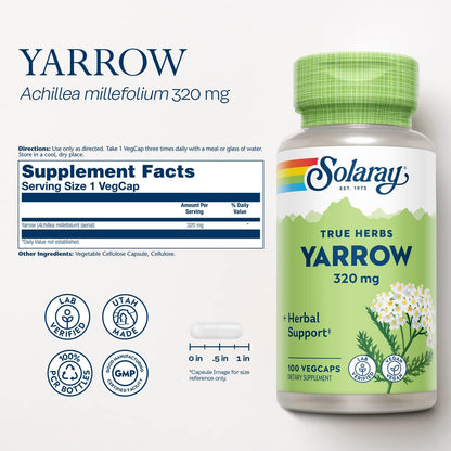 SOLARAY True Herbs Yarrow 320mg, Whole Aerial - Herbal Food Supplement for Wellbeing Support