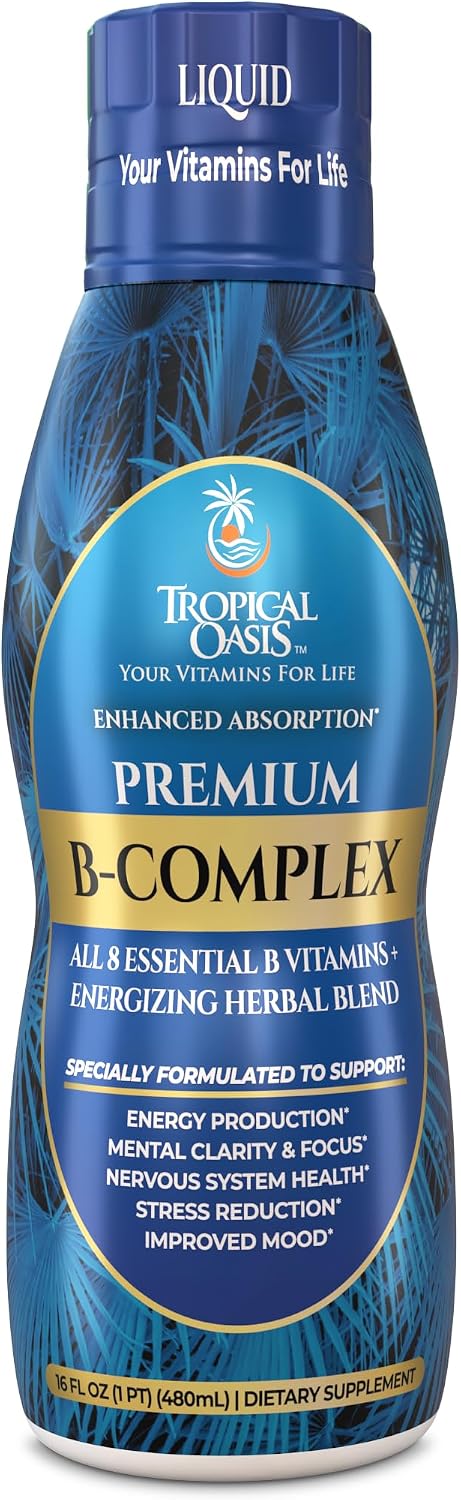 Tropical Oasis Premium Liquid B-Complex w/ Energy maximising Herbs - Fast Absorbing Liquid B Complex Supplement w/ full range of 8 B vitamins - 473 ml (16 fl oz), 32 Servings - görsel 1