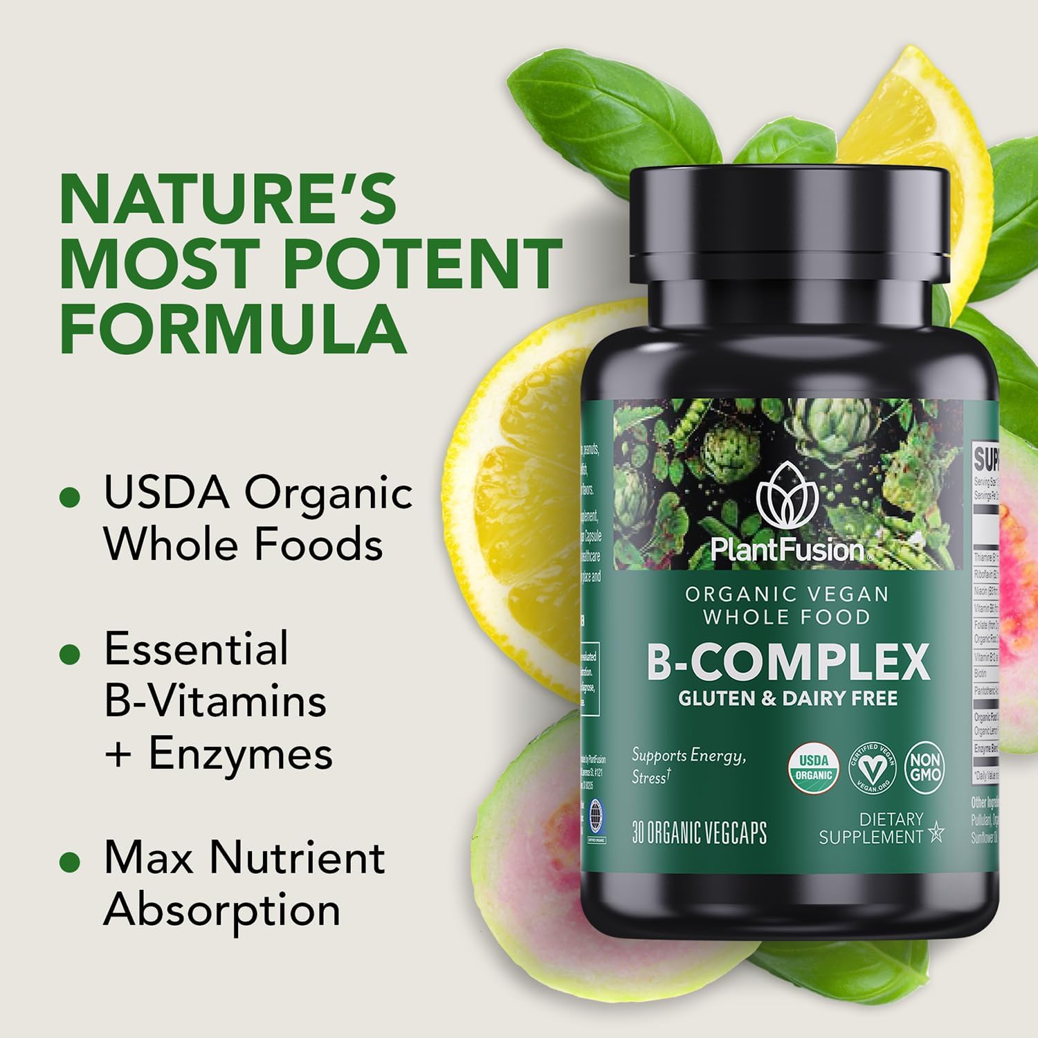 PlantFusion Organic Vitamin B-Complex, Vegan Whole Food Supplement for Energy & Metabolism, Methylated B12, Guava, Lemon & Basil, Non-GM, Gluten-free – 30 Capsules - görsel 2