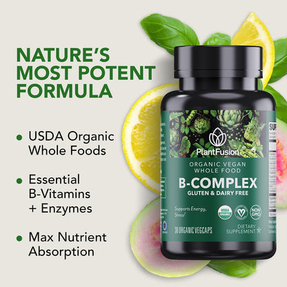 PlantFusion Organic Vitamin B-Complex, Vegan Whole Food Supplement for Energy & Metabolism, Methylated B12, Guava, Lemon & Basil, Non-GM, Gluten-free – 30 Capsules