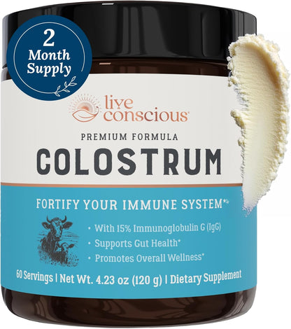 Live Conscious Colostrum Powder: Grass-Fed Bovine Colostrum with Lactoferrin for Immune and Gut Support
