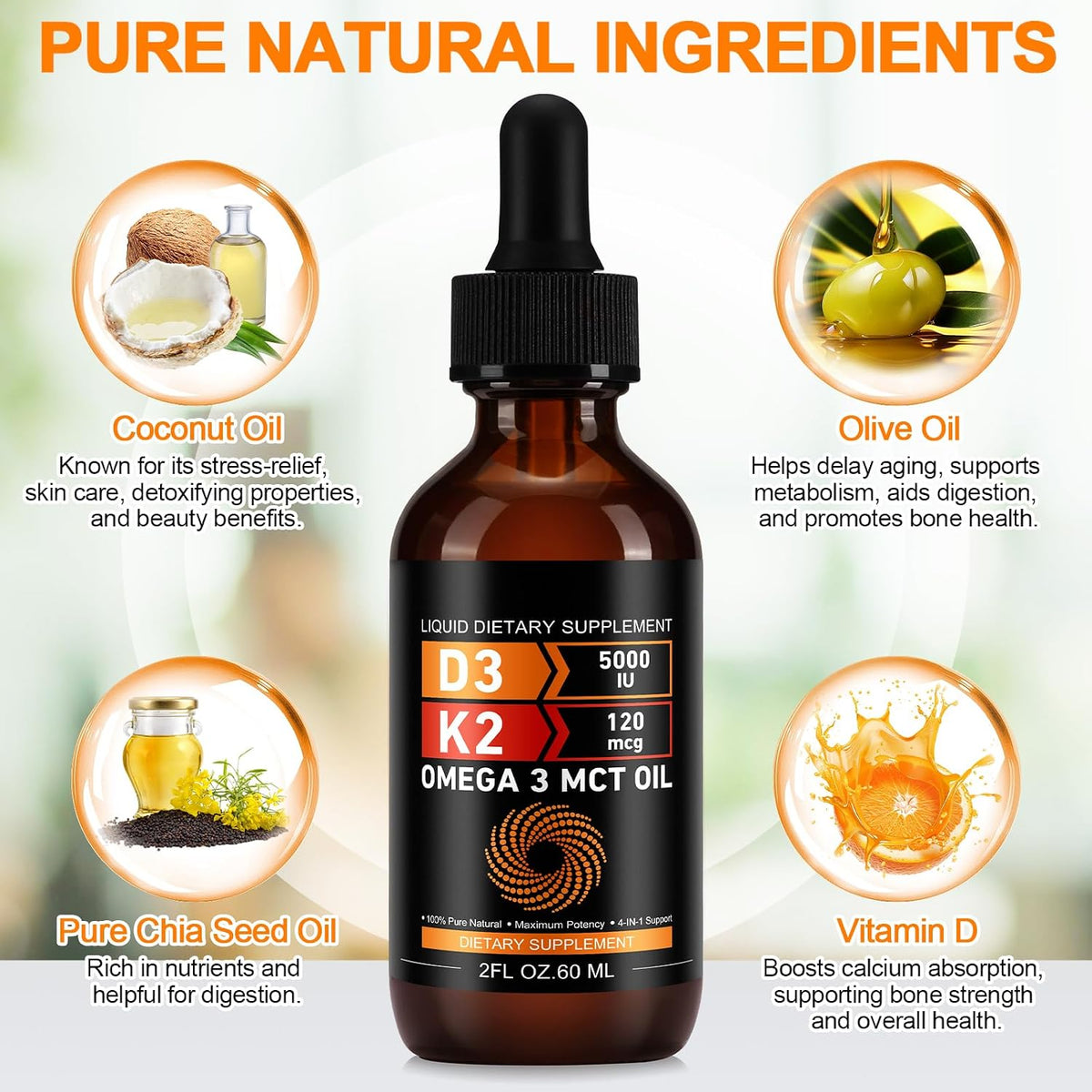 Daiasns Vitamin D3 5000 IU & K2 (MK-7) 120 mcg Liquid Drops with MCT Oil Omega-3 – 2 Month Supply - görsel 2