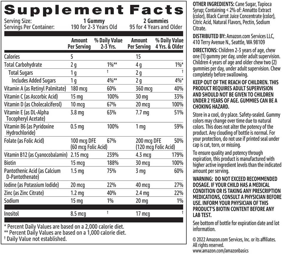 Amazon Basics Children's Multivitamin Gummies, Cherry, Strawberry & Orange Flavours, 190 Count - görsel 5