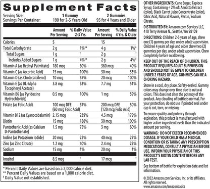 Amazon Basics Children's Multivitamin Gummies, Cherry, Strawberry & Orange Flavours, 190 Count
