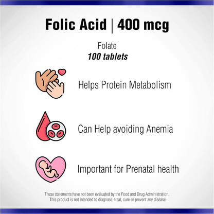 Folic Acid Supplement 100 Tablets 400 mcg by Natural Systems - Antenatal Vitamin for Women - Pregnancy Support Tablets - Daily Intake Folate