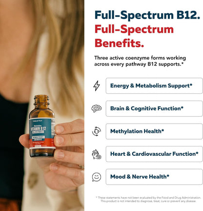 Triquetra Health BioActive Vitamin B12 5000 mcg - 3 BioActive Forms with Methylfolate, Sublingual Drops, Berry, Organic, Non-GMO, Vegan (1 oz)