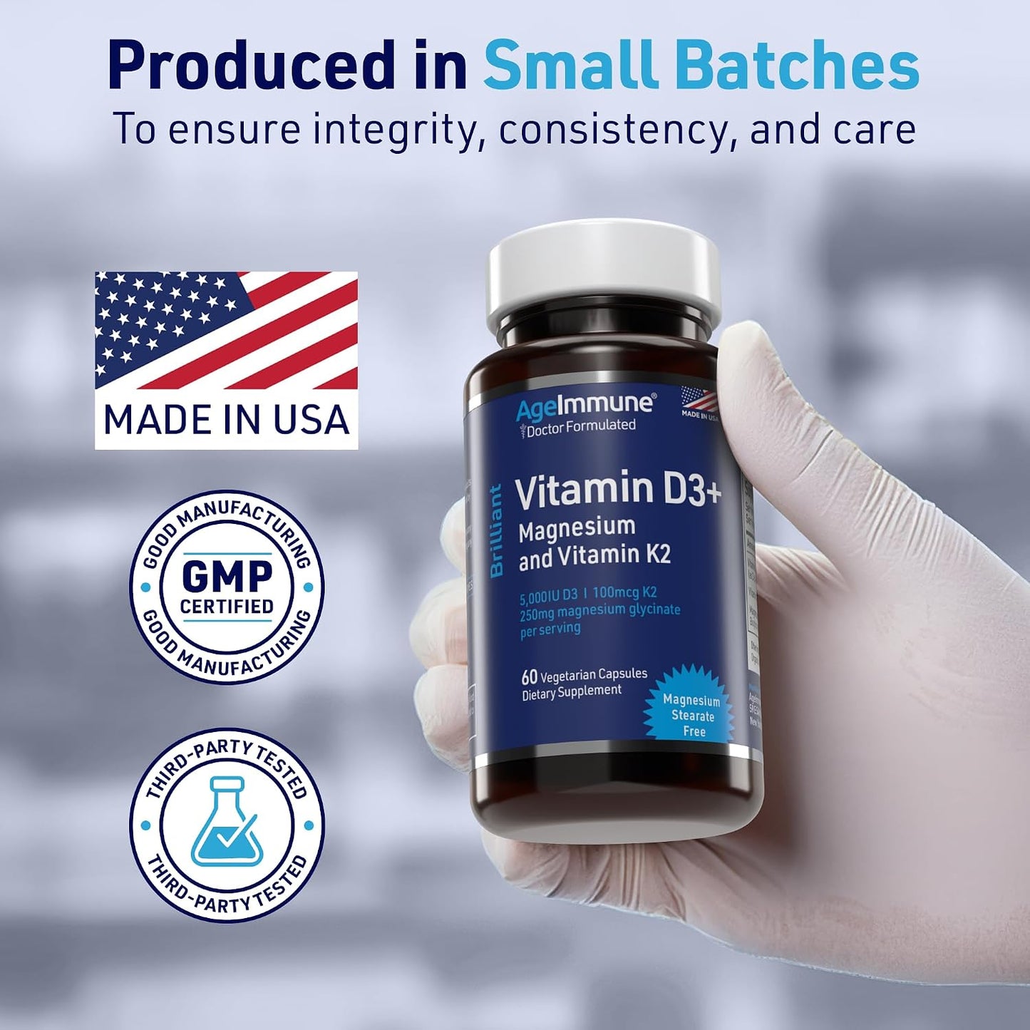 AgeImmune Brilliant D3+ Complex: 5000 IU Vitamin D3, K2 & Magnesium Glycinate - 60 Capsules - görsel 4