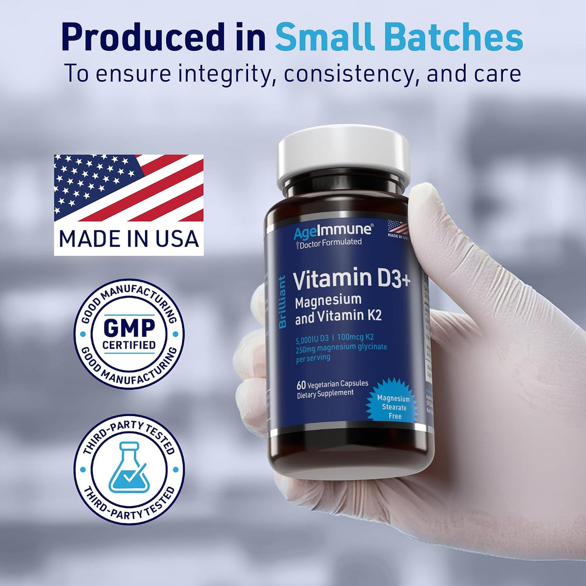 AgeImmune Brilliant D3+ Complex: 5000 IU Vitamin D3, K2 & Magnesium Glycinate - 60 Capsules - görsel 4