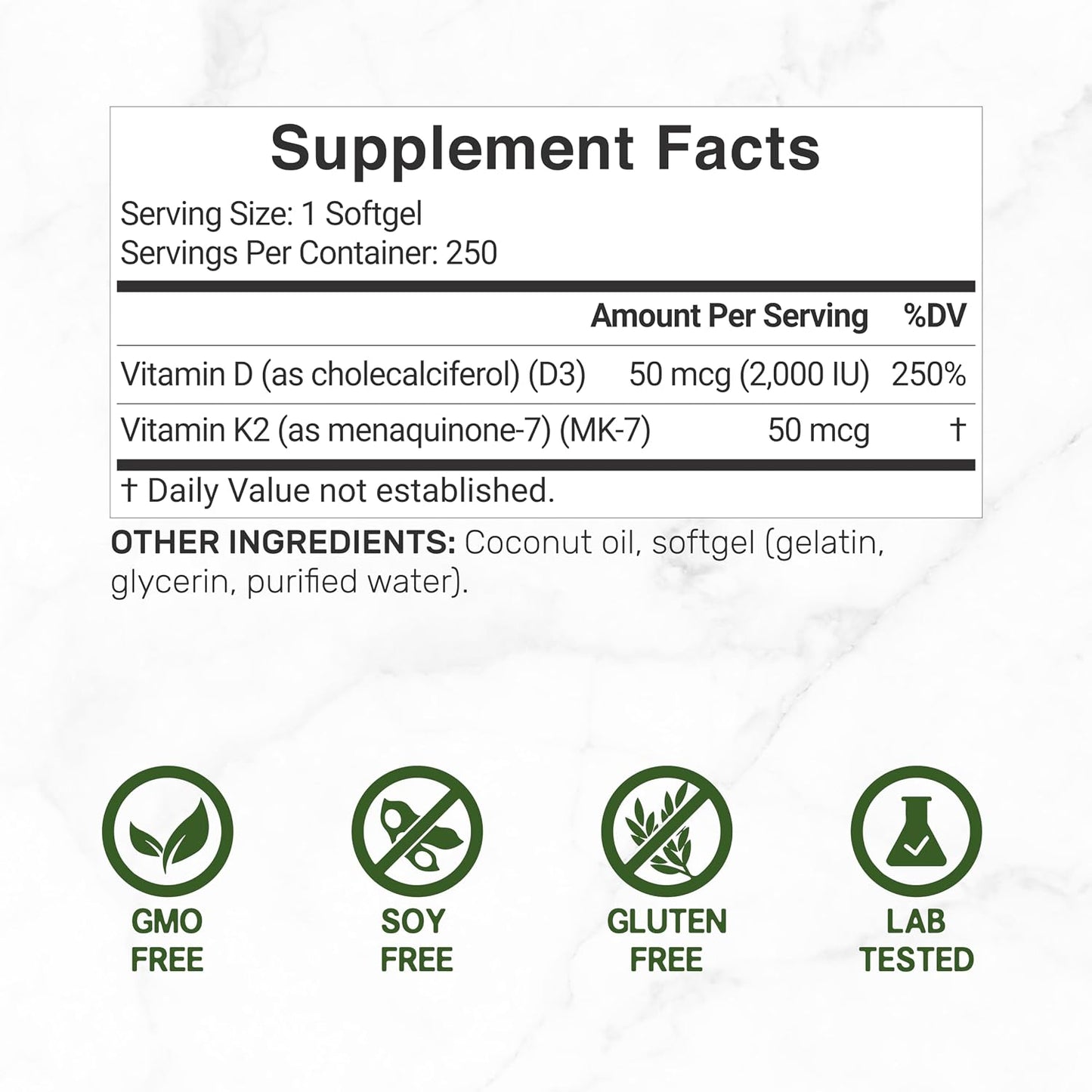 DEAL SUPPLEMENT Vitamin D3 2,000 IU + K2 MK7 50mcg Soft gel capsules with Virgin Coconut Oil - görsel 2