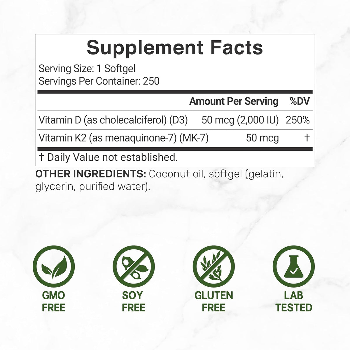 DEAL SUPPLEMENT Vitamin D3 2,000 IU + K2 MK7 50mcg Soft gel capsules with Virgin Coconut Oil - görsel 2