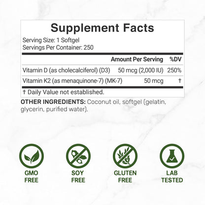 DEAL SUPPLEMENT Vitamin D3 2,000 IU + K2 MK7 50mcg Soft gel capsules with Virgin Coconut Oil