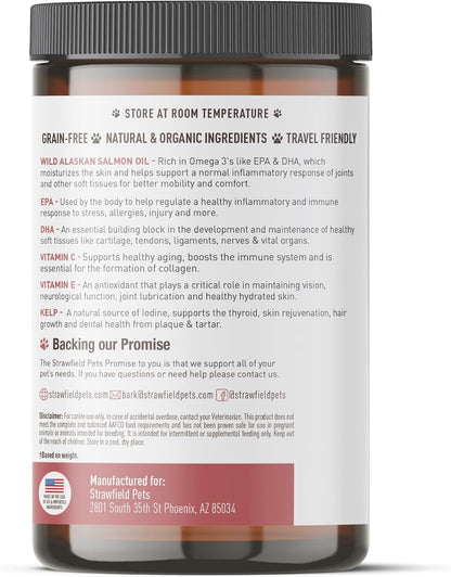 Strawfield Pets Salmon Dog Chews Omega-3 Fish Oil Chews with Wild Alaskan Salmon Oil Skin & Coat + Seasonal Allergy Support Hip & Joint Dog Supplement + EPA & DHA Made in USA