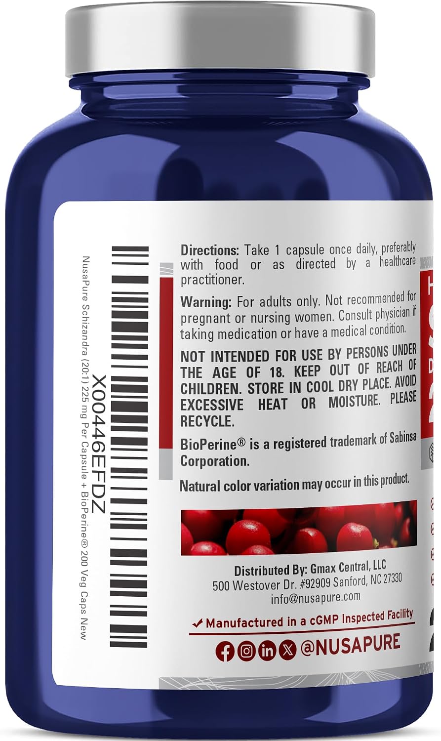 NusaPure Schizandra Berries Capsules, 225 mg, 200 Veg Capsules (Non-GMO, Vegan) - görsel 3