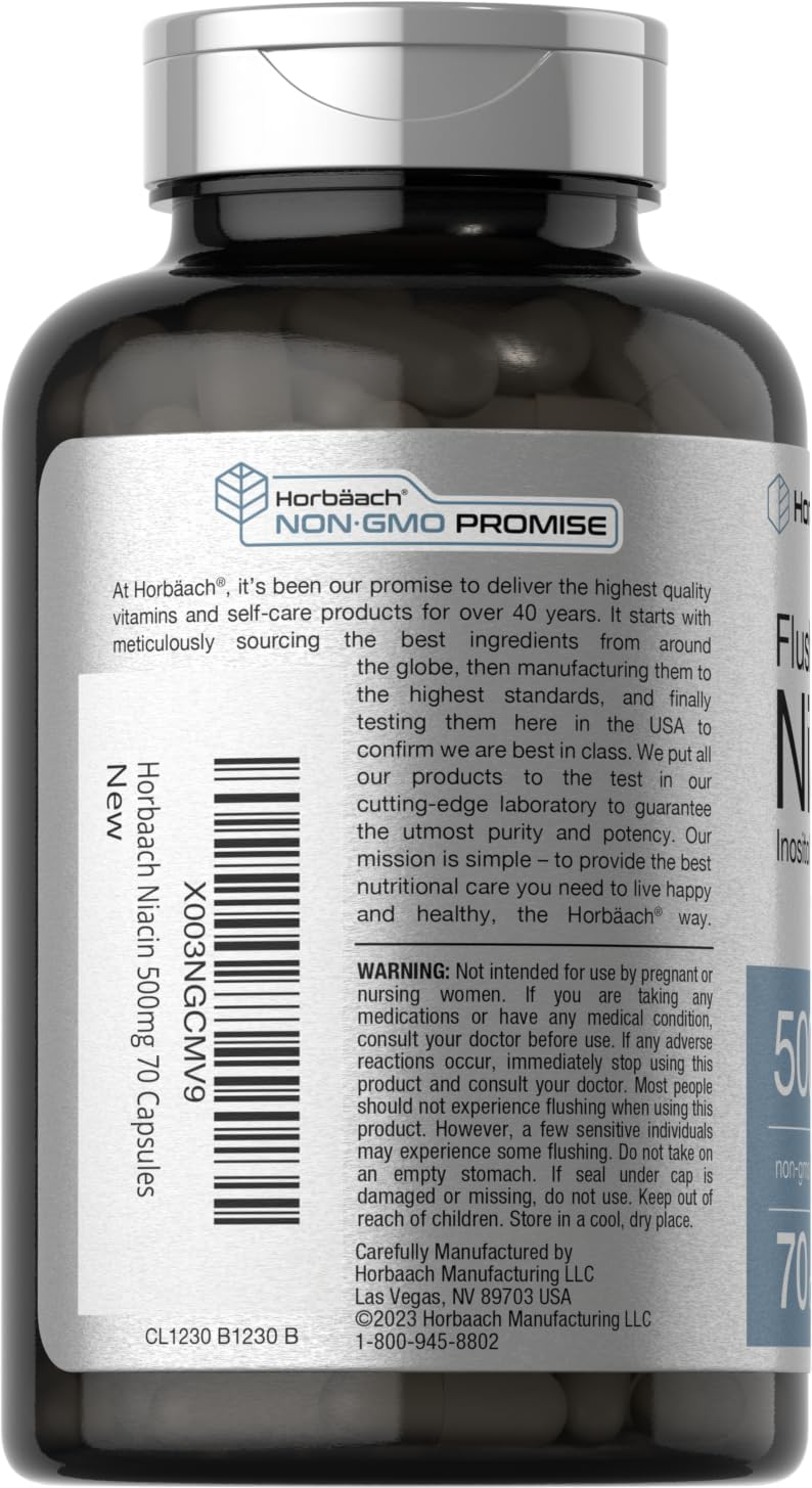 Horbaach Niacin 500mg Flush Free | 70 Capsules | Vitamin B3 Inositol Hexanicotinate | Non-GM and Gluten-free - görsel 3
