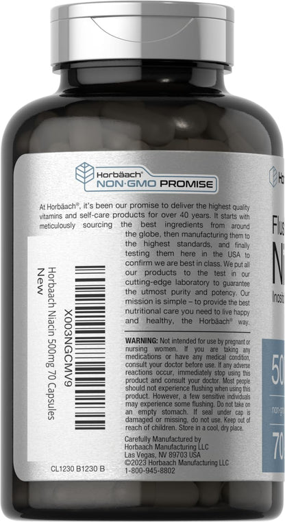 Horbaach Niacin 500mg Flush Free | 70 Capsules | Vitamin B3 Inositol Hexanicotinate | Non-GM and Gluten-free