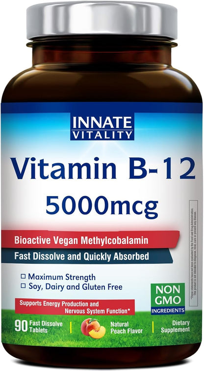 Innate Vitality Vitamin B12 5000mcg Sublingual Tablets - Vegan Methylcobalamin, Fast Dissolve, Natural Peach Flavour - 90 Count