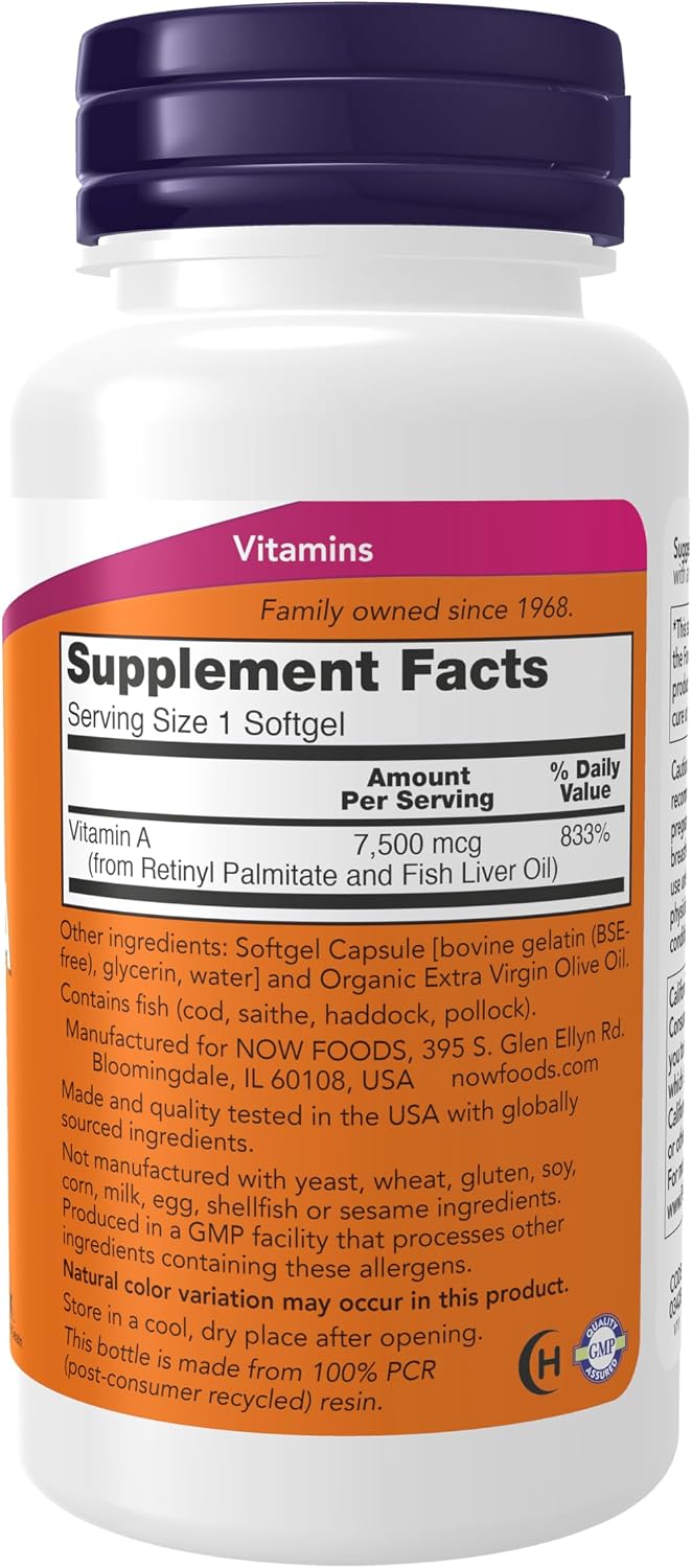 NOW Foods Vitamin A (Fish Liver Oil) 25,000 IU, 250 Softgels - görsel 2