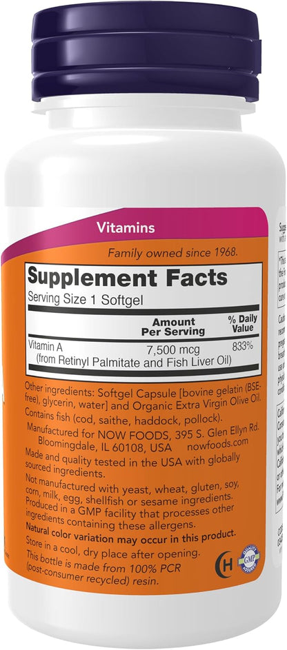 NOW Foods Vitamin A (Fish Liver Oil) 25,000 IU, 250 Softgels