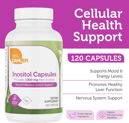 Zahler Inositol Supplement Capsules 1000mg - Mood & Nervous System Support Supplements for Women - Hormone Health & Ovarian Support - Kosher, Gluten-free, Dairy-free - 120 Count