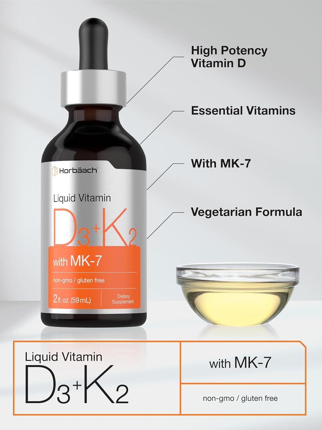 Horbäach Vitamin D3 & K2 Liquid Drops | with MK-7 | 60 ml | Vegetarian, Non-GMO, Gluten-free Food Supplement - görsel 4