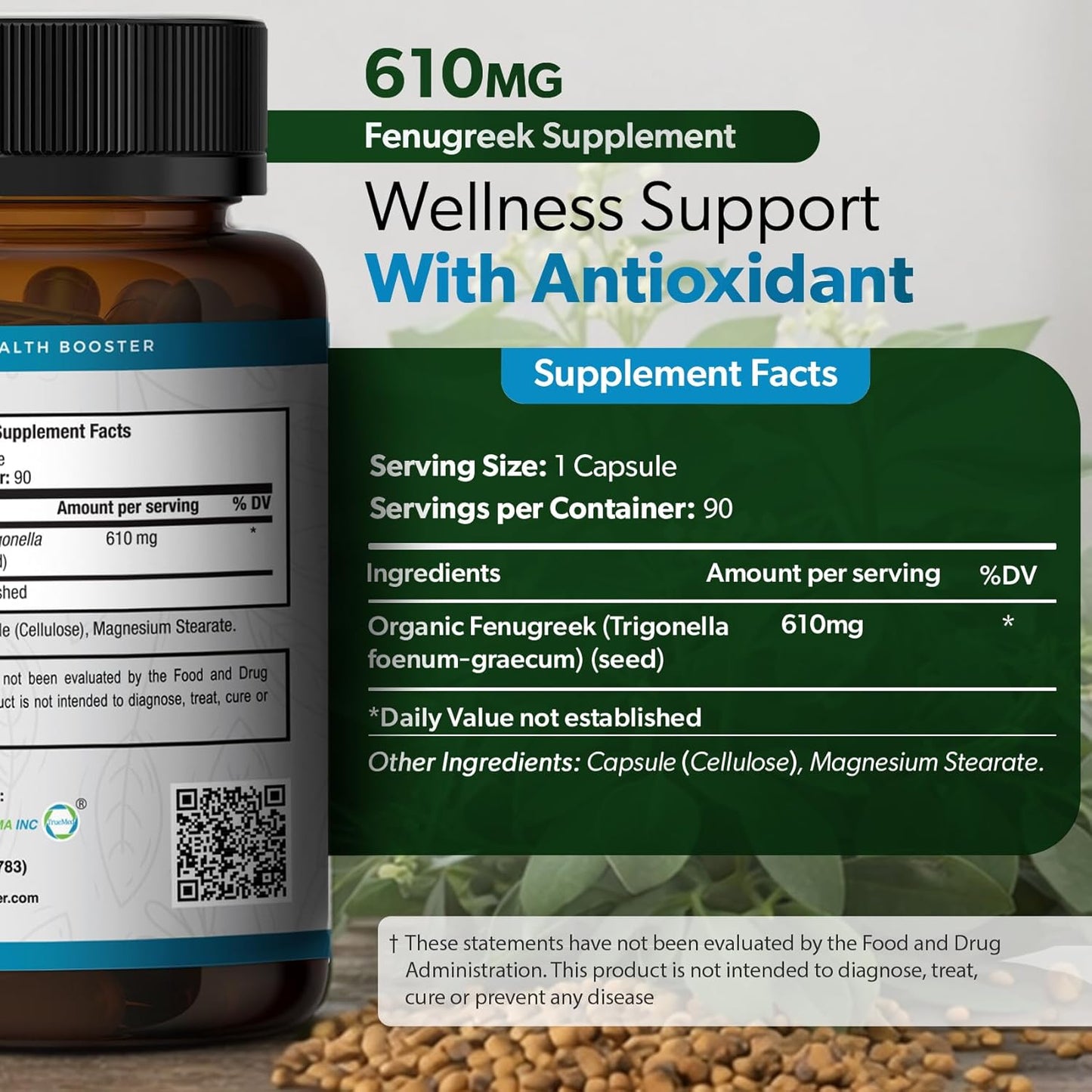 TRUEMED Organic Fenugreek Capsules 610 mg – Digestive Comfort, Natural Energy and Wellness Support (90 Capsules) - görsel 3