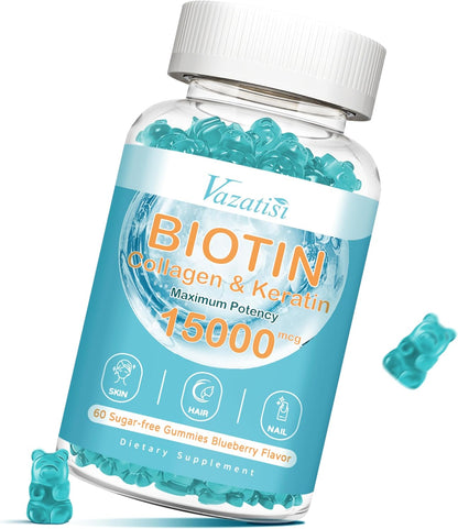 Vazatisi Biotin with Collagen Gummies - Hair, Skin & Nails Supplements - Sugar Free, Blueberry Flavour, 60 Count