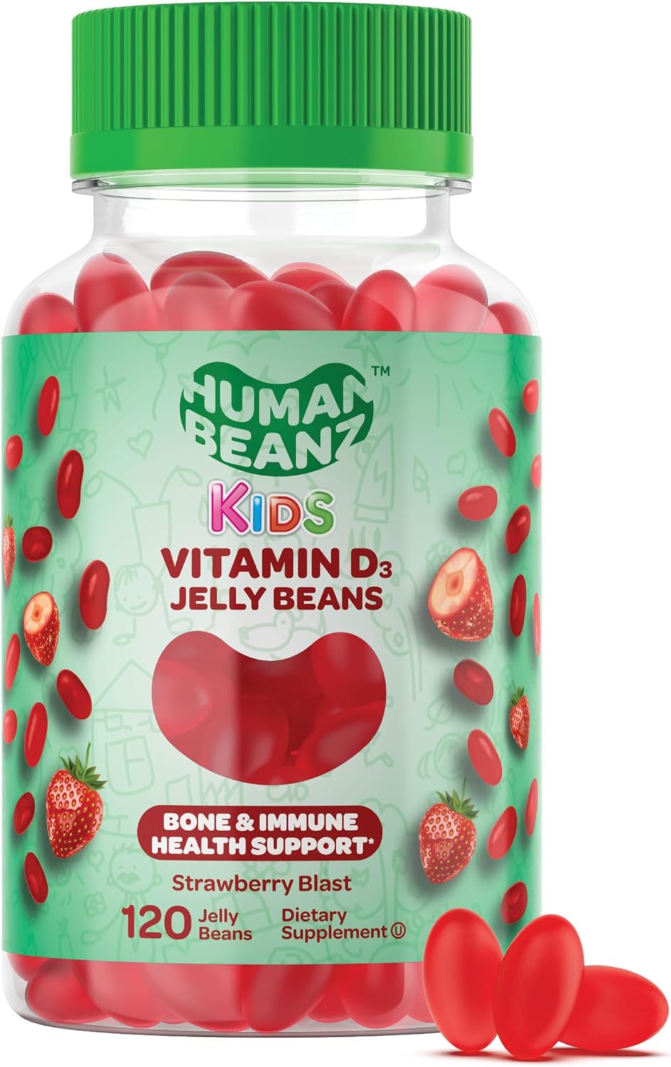 Human Beanz Vitamin D3 Jelly Bean Gummies for Kids, 25mcg (1000 IU), 120 Strawberry Flavour Gummies - görsel 1