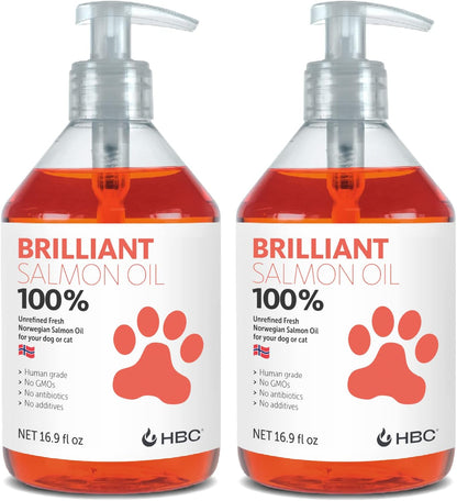 Brilliant Norwegian Salmon Oil for Dogs, Cats, Horses & Ferrets - Pure Omega 3, 6 & 9 Fish Oil Food Supplement for Natural Coat, Immune Support, Itchy Skin, Joint & Brain Health - 2x500 ml