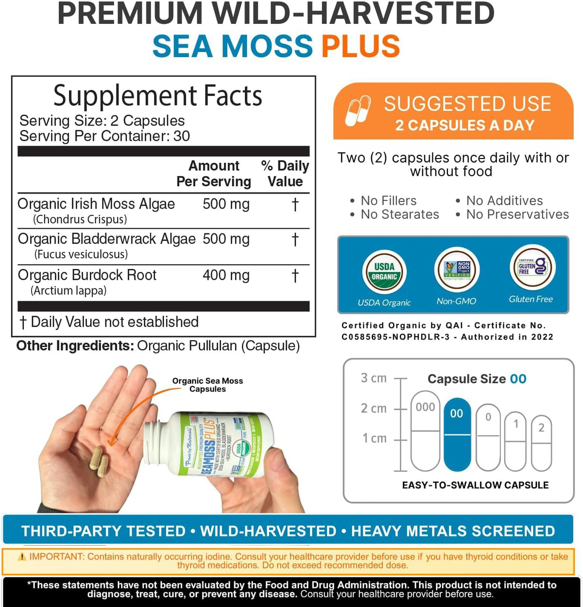 Power By Naturals Sea Moss Plus – USDA Organic Irish Sea Moss Capsules with Bladderwrack & Burdock Root – Immune Support for Adults – Vegan, Non-GMO, Gluten-free – 60 Capsules (1-Month Supply) - görsel 2