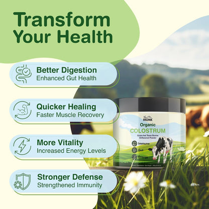 Colostrum Supplement – Grass-Fed Texas Bovine Whole Colostrum Powder for Immune, Gut & Wellness – Unflavoured – 100% Pure – 180g – 90 Servings – Made in the USA