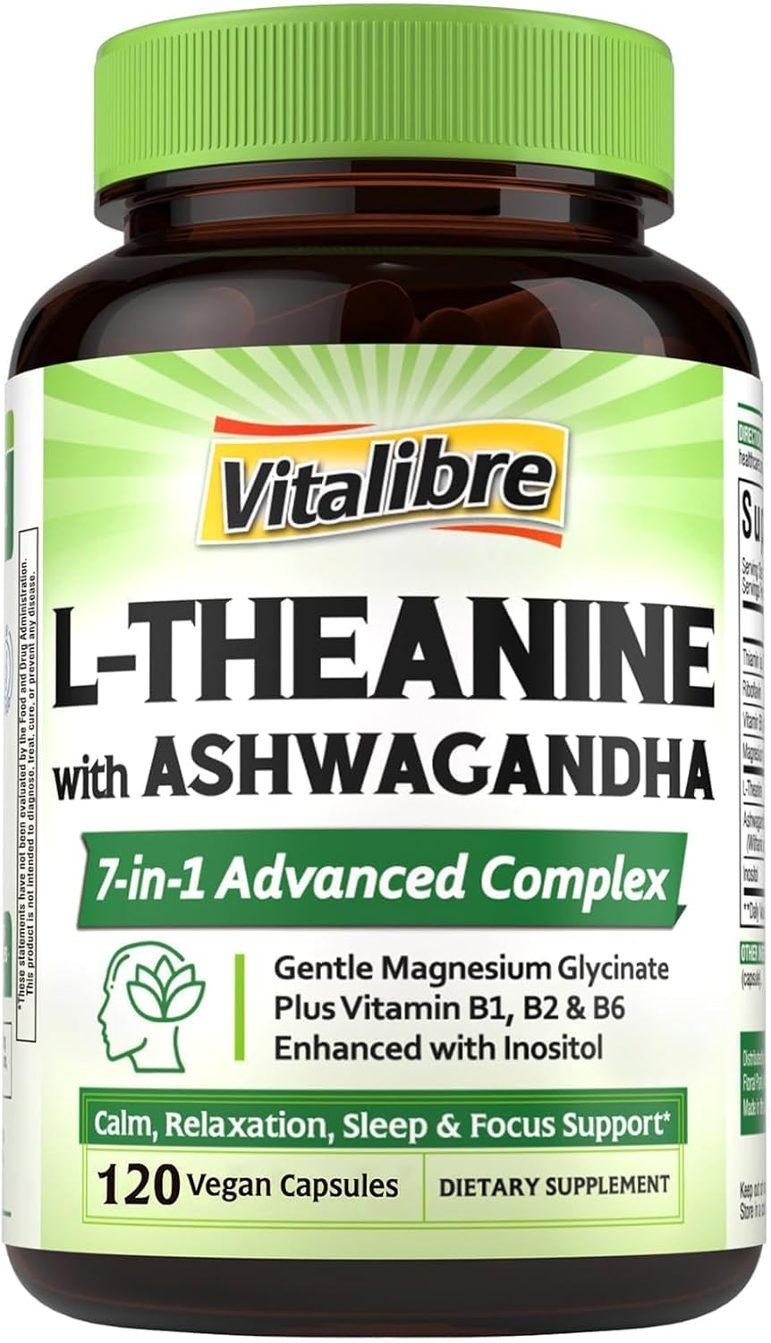Vitalibre L Theanine Supplement 200mg | 7 in 1 L-Theanine with Magnesium Glycinate, Ashwagandha, Inositol, Vitamin B1 B2 B6 | Gluten-free, for Calm, Relaxation, Sleep and Focus Support, 120 Vegan Capsules - görsel 1