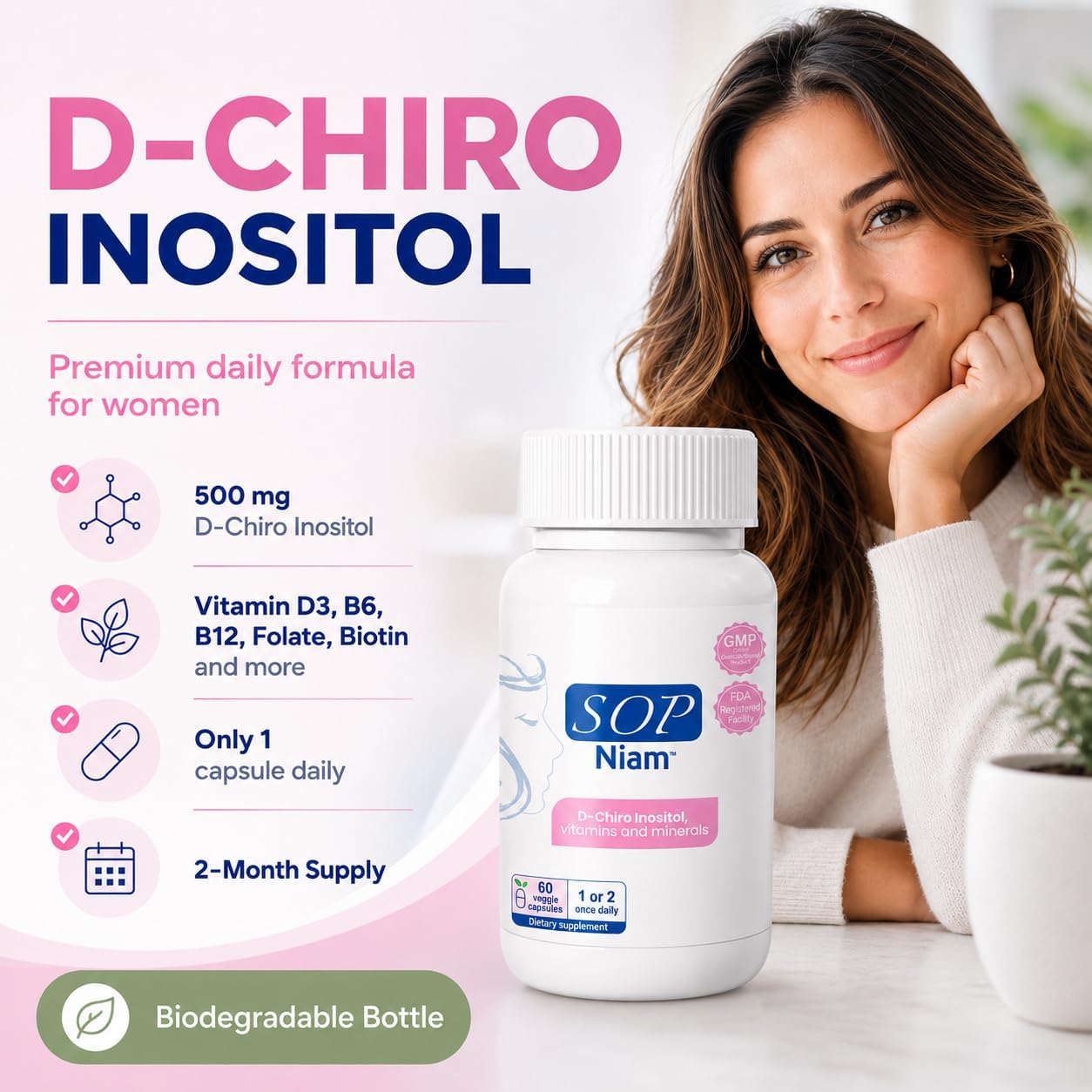SOP NIAM D-Chiro Inositol 500mg for Women with Folic Acid, Vitamin D3, B6, B12, Biotin - 60 Vegan Capsules - görsel 2