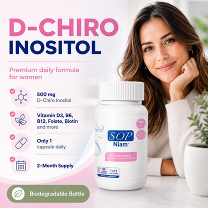 SOP NIAM D-Chiro Inositol 500mg for Women with Folic Acid, Vitamin D3, B6, B12, Biotin - 60 Vegan Capsules