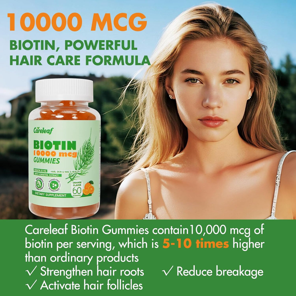 Careleaf Biotin 10000mcg Gummies for Hair, Skin and Nails, with Collagen & Keratin, 60 Count (Orange Flavour) - görsel 2