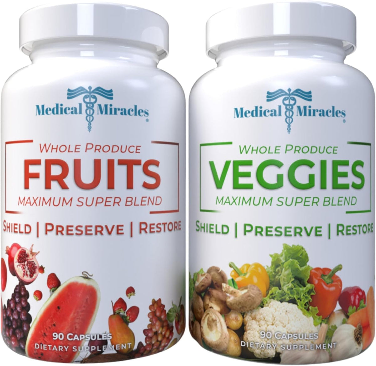 Medical Miracles Fruit and Vegetable Supplement - 90 Veggie + 90 Fruit Capsules (180 Total) - Wholefood Superfoods, 17 Veggies and 17 Fruits for Daily Nutrition - görsel 1