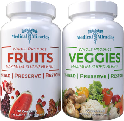Medical Miracles Fruit and Vegetable Supplement - 90 Veggie + 90 Fruit Capsules (180 Total) - Wholefood Superfoods, 17 Veggies and 17 Fruits for Daily Nutrition