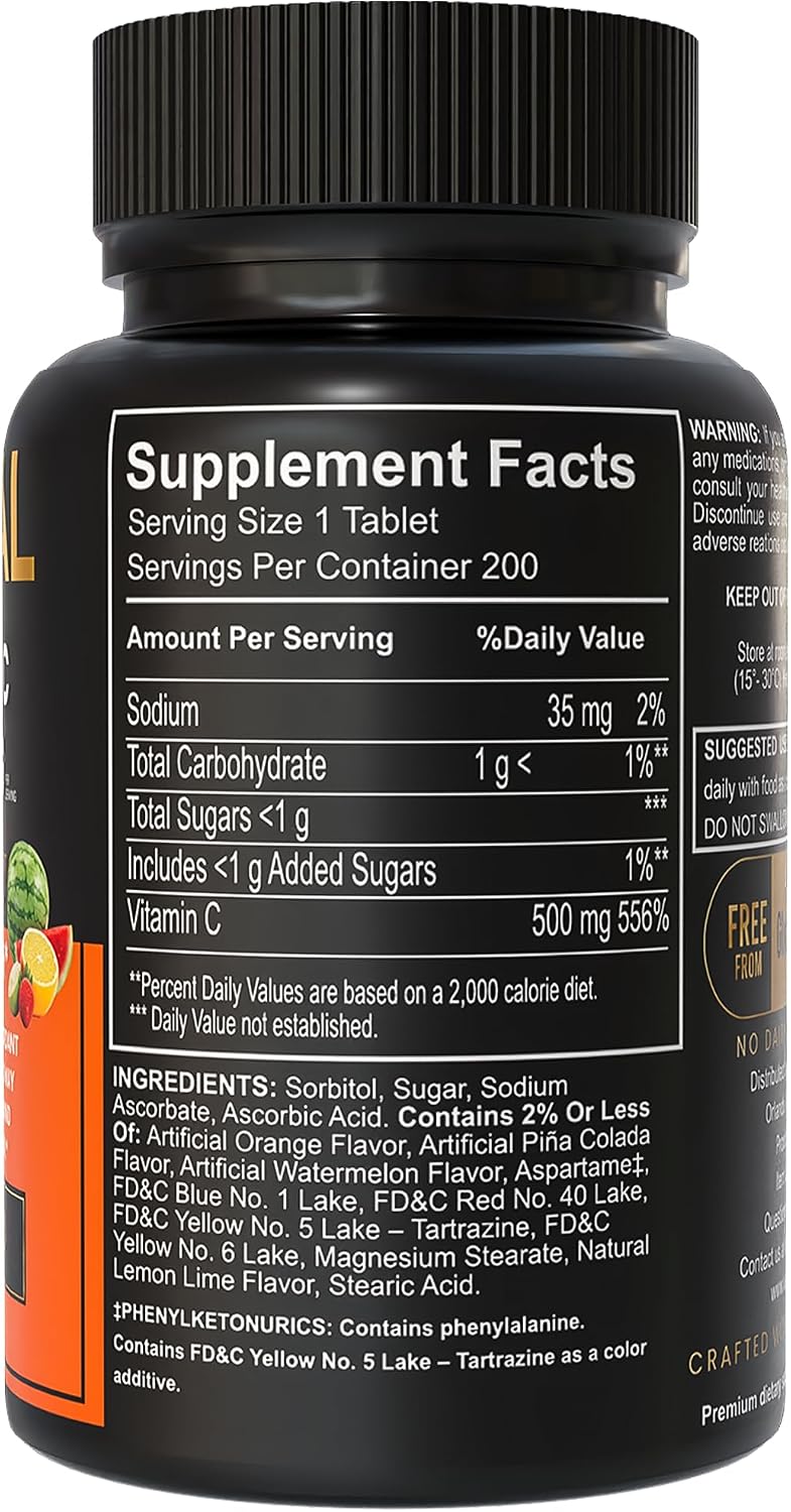 LUAL Vitamin C 500mg Chewable Tablets, Tropical Fruit Flavour, Immune Support & Antioxidant Supplement, Gluten-free, 200 Count - görsel 2
