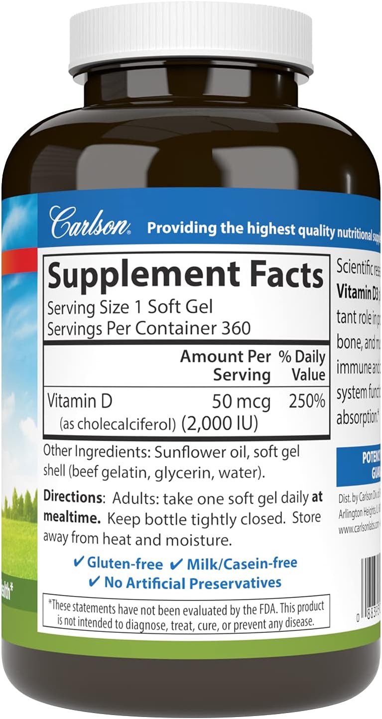 Carlson Vitamin D3, 2000 IU (50 mcg), for Bone and Muscle Health, Cholecalciferol, Vitamin D Supplement, Vitamin D3 Softgels, 360 Softgels - görsel 2